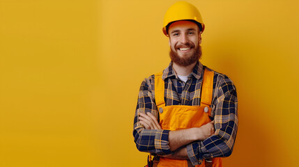 builder in a yellow helmet on a yellow background with space for text