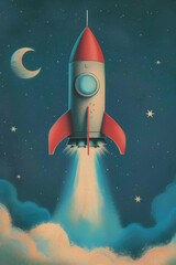 Space rocket ship heading to moon, illustration in red and blue pastel colors. Startup concept. To the Moon.