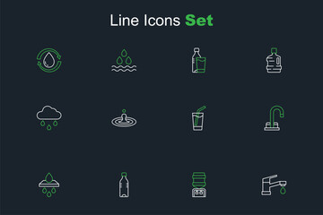 Set line Water tap, cooler, Bottle of water, filter cartridge, Glass with, drop and Cloud rain icon. Vector