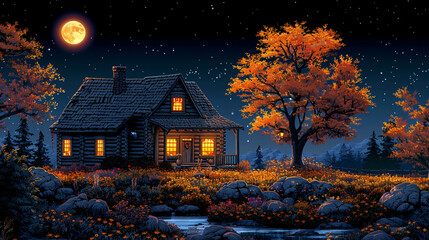 On a moonlit night, a house in the woods.