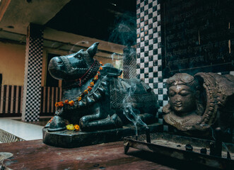 Ancient Handcrafted Nandi Stone Sculptures symbolic ride companion on Lord Shiva, Ekeshwar Mahadev...