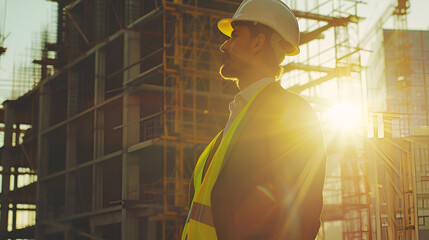 contractor in a white hardhat stands with his back against the background of a building under construction with space for text - obrazy, fototapety, plakaty