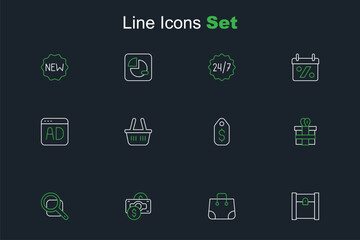 Set line Paper shopping bag, Stacks paper money cash, Magnifying glass, Gift box, Price tag with dollar, Shopping basket and Advertising icon. Vector