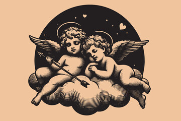 Cute little cupids resting on a cloud.  Old vintage engraving illustration. Hand drawn outline graphic. Logo, emblem, icon. Isolated object, cut out. black and white
