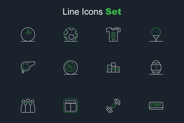 Set line Ribbon in finishing line, Dumbbell, Sport mechanical scoreboard, Bowling pin, American Football ball, Award over sports winner podium, Billiard pool snooker and Whistle icon. Vector