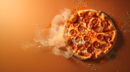 Creative layout of hot delicious pizza with smoke in flying on summer orange background. copy space. generative ai