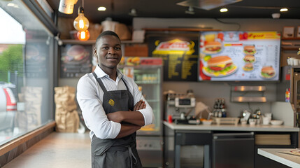 waiter on diner background with space for text