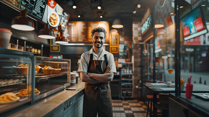 waiter on a cafe background with space for text - obrazy, fototapety, plakaty