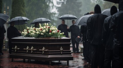 Funeral of a mafia boss. Sad faces. Mourning. People dressed in black