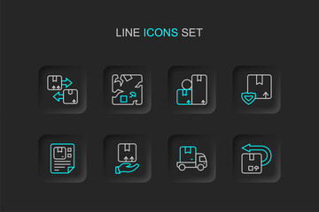 Set line Return cardboard box, Delivery cargo truck, hand with, Waybill, security shield, Carton, Broken and Cardboard traffic symbol icon. Vector