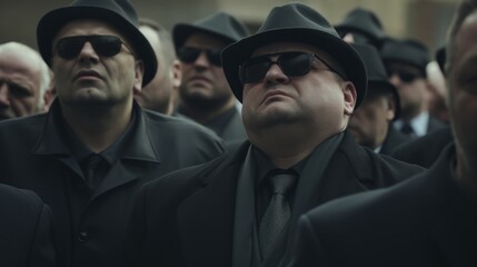 Funeral of a mafia boss. Sad faces. Mourning. People dressed in black