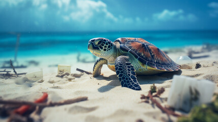 Baby sea turtles crawl along trash-strewn beaches. - obrazy, fototapety, plakaty