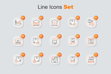 Set line Cardboard boxes on pallet, with traffic symbol, Home delivery services, Gear package, Location cardboard, Online app tracking, Delivery hand and Carton icon. Vector