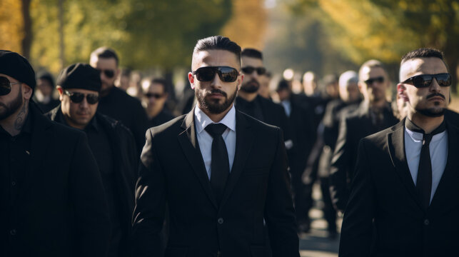 Funeral of a mafia boss. Sad faces. Mourning. People dressed in black