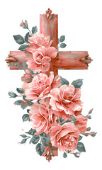 A cross with several pink roses and flowers