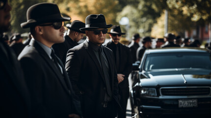 Funeral of a mafia boss. Sad faces. Mourning. People dressed in black