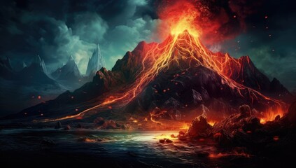 a volcano with hot lava flowing through