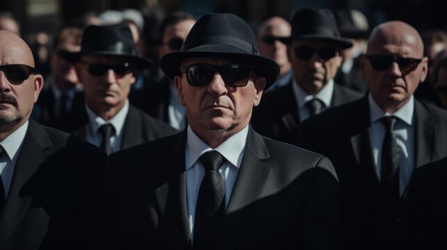 Funeral of a mafia boss. Sad faces. Mourning. People dressed in black