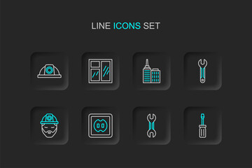 Set line Screwdriver, Wrench spanner, Electrical outlet, Builder, City landscape, Window in room and Worker safety helmet icon. Vector
