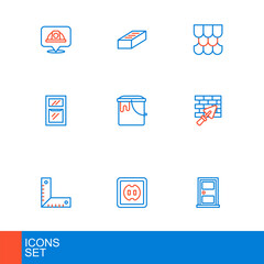Set line Closed door, Electrical outlet, Corner ruler, Brick wall with trowel, Hammer and wrench spanner, Paint bucket, Roof tile and icon. Vector