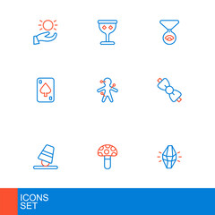 Set line Magic stone, Psilocybin mushroom, Game thimbles, Bow tie, Playing cards, Voodoo doll, Medallion chain with eye and Medieval goblet icon. Vector