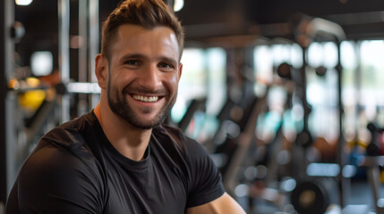 Fototapeta premium muscular trainer close-up against the backdrop of a gym with copy space