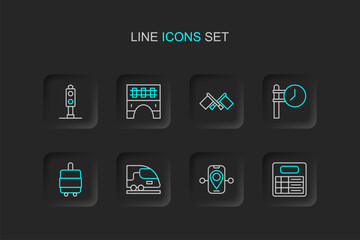 Fototapeta premium Set line Train station board, Route location, High-speed train, Suitcase, clock, Flag, Bridge for and traffic light icon. Vector