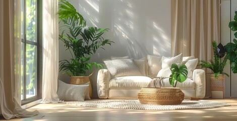 A Modern-Styled Living Room in an Apartment Featuring a Comfy Couch, Lush Greenery, and a Rattan Cat Bed by the Sunlit Window