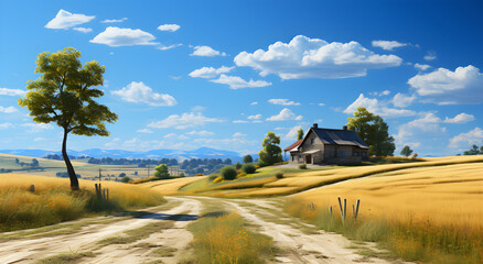 A house under the sky and a landscape of golden fields