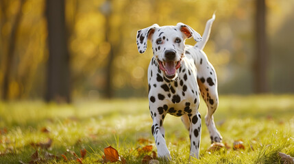 Dalmatian dog lies running in the park