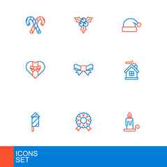 Set line Burning candle, Christmas wreath, Firework rocket, Merry house, Gift box, bow, Santa Claus hat and Branch viburnum icon. Vector