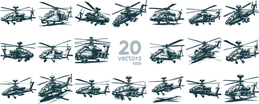 modern military helicopter simple vector stencil drawing collection of different images