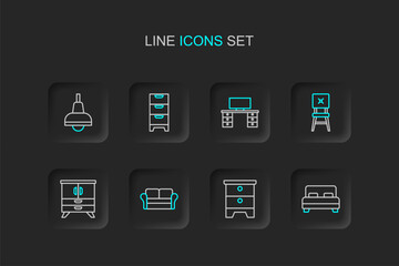 Set line Big bed, Furniture nightstand, Sofa, Chest drawers, Chair, Office desk, and Lamp hanging icon. Vector