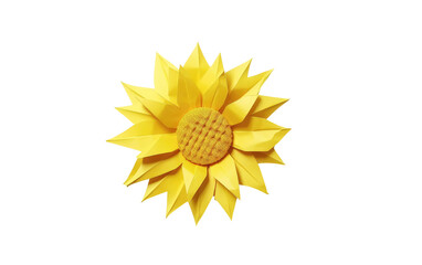 A bright yellow paper sunflower placed on a clean white background. The intricate details of the sunflower petals are visible, creating a striking contrast against the simple backdrop.