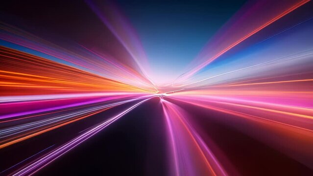 Video animation of dynamic and vibrant display of multicolored light streaks converging towards a bright center, creating a sense of motion and speed
