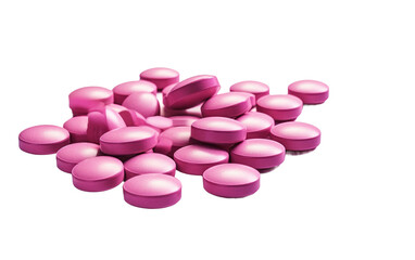 Obraz na płótnie Canvas Pile of Pink Pills. A pile of small, round pink pills is neatly arranged on a plain white background. The pills are uniform in size and color.