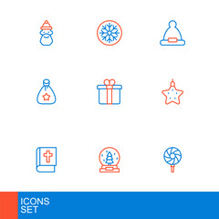 Set line Lollipop, Christmas snow globe, Holy bible book, star, Santa Claus bag gift, Gift box, hat and Snowflake icon. Vector
