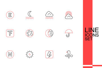 Set line Rooster weather vane, Lightning bolt, Solar energy panel, Compass north, Umbrella, Moon phases, and Fahrenheit icon. Vector - obrazy, fototapety, plakaty