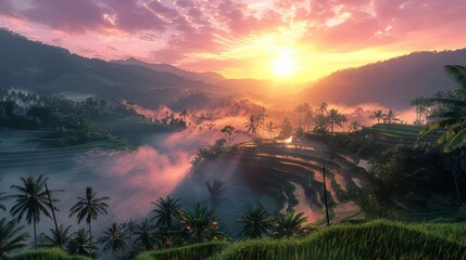 The Serene Beauty of Sunrise Illuminating the Mountainous Rice Fields