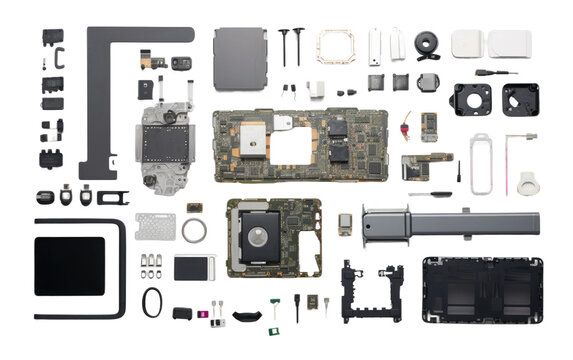 The image depicts a disassembled cell phone, showcasing its various components such as the battery, circuit board, camera, display, and buttons.