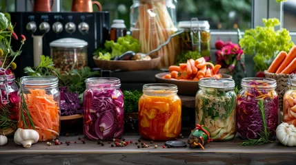 Fotobehang Variety of fermented vegetables arranged at a visually appealing way in a variety of containers. © stefanholm