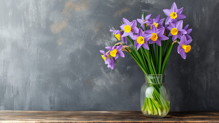Bouquet of lilac daffodils in a glass vase on a gray background