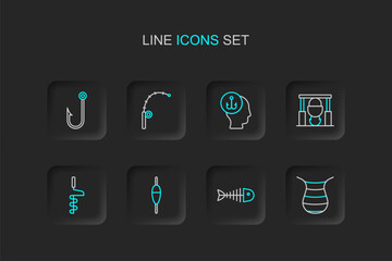 Fototapeta premium Set line Fishing net, skeleton, float, Hand ice drill, Campfire pot, Camping folding chair, rod and Fisherman icon. Vector