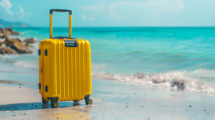 Travel yellow suitcase on the shore of the turquoise ocean