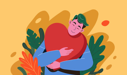 Young man with love embracing a red heart, kind heart, feeling self love, confidence., harmony, positive emotion. Happy calm boy volunteer. Care, humanity, self-acceptance concept. Colored flat vector