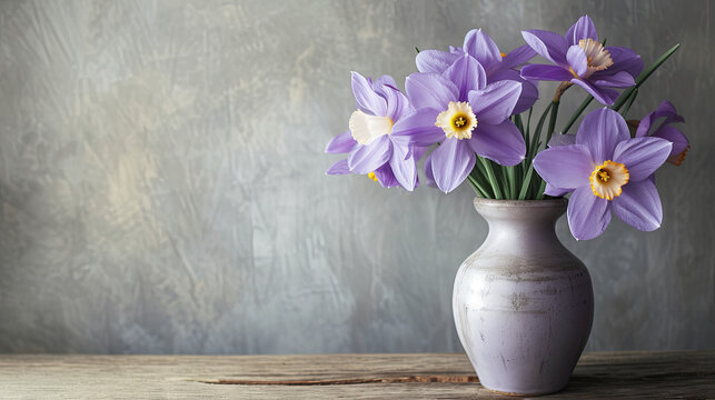 Bouquet of lilac daffodils in a vase on a gray background