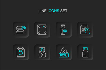Fototapeta premium Set line Vitamins, Kcal, Metabolism, Diet plan, Lactose intolerance, Bathroom scales and No burger icon. Vector