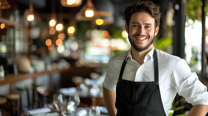 smiling waiter close-up against the background of a bar with copy space