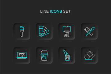 Set line Eraser or rubber, Paint bucket with brush, Computer design program, Wood easel, Color palette guide and icon. Vector