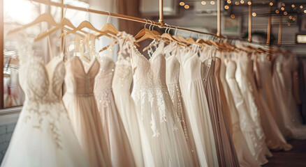 A collection of stunning wedding dresses. - obrazy, fototapety, plakaty